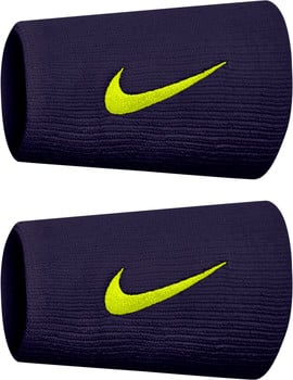 Zwei dunkelblaue Stoffarmbänder mit einem leuchtend gelben Nike-Logo.