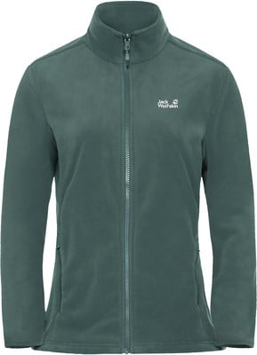 Grüne Fleecejacke mit durchgehendem Reißverschluss und Jack Wolfskin Logo. Grüne Fleecejacke mit durchgehendem Reißverschluss und Jack Wolfskin Logo.