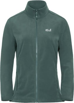 Grüne Fleecejacke mit durchgehendem Reißverschluss und Jack Wolfskin Logo.