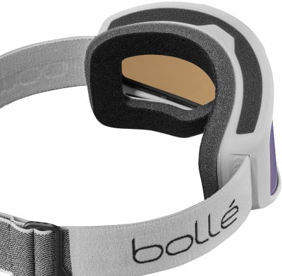 Skibrille mit brauner Linse und grauem Riemen mit Logo.