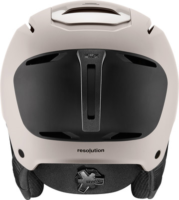Ein UVEX Skihelm mit schwarzem Visier und beiger Oberfläche. Ein UVEX Skihelm mit schwarzem Visier und beiger Oberfläche.