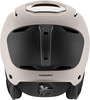 Ein UVEX Skihelm mit schwarzem Visier und beiger Oberfläche.