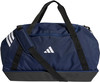 Diese dunkelblaue Adidas Sporttasche hat weiße Streifen und ein Logo.