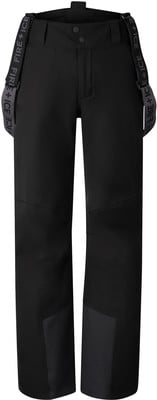 Schwarze Skihose mit abnehmbaren Trägern und Markenlogo.
