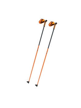 Zwei orangefarbene Skistöcke mit schwarzen Spitzen und Korkgriffen.
