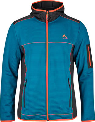 Blaue Herren-Fleecejacke mit Kapuze und orangefarbenen Details.
