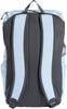 Rückseite eines hellblauen Rucksacks mit dunkelgrauen Trägern.