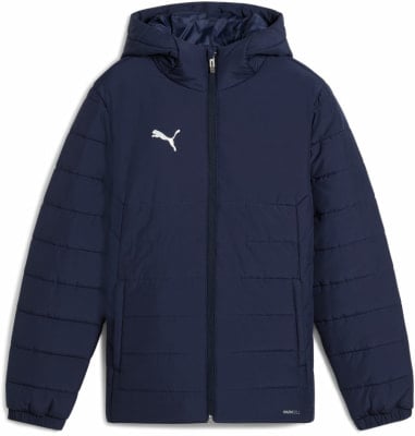 Dunkelblaue gesteppte Jacke mit Kapuze und Puma-Logo auf der Brust. Dunkelblaue gesteppte Jacke mit Kapuze und Puma-Logo auf der Brust.