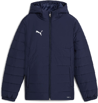 Dunkelblaue gesteppte Jacke mit Kapuze und Puma-Logo auf der Brust.