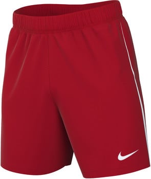 Červené športové kraťasy s bielym pruhom a logom Nike.