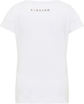 Weißes T-Shirt mit kurzen Ärmeln und einem ELBSAND-Logo auf dem Rücken.