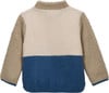 Beige Jacke mit blauem Unterteil und braunen Ärmeln.