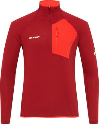 Rotes Mammut Herren-Shirt mit Reißverschlusstasche und Logo. Rotes Mammut Herren-Shirt mit Reißverschlusstasche und Logo.