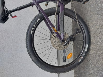 Lila Mountainbike mit schwarzen Maxxis-Reifen und Kassette am Hinterrad.