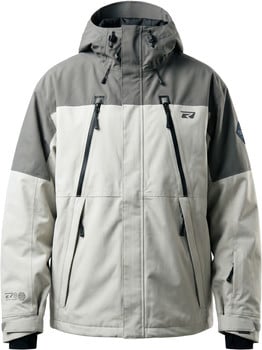 Graue Herren-Skijacke mit weißen und dunklen Akzenten und Logo.