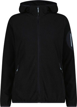 Schwarze Damen-Fleecejacke mit Kapuze und Reißverschluss.