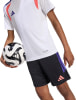 Ein Fußballer hält einen Ball, trägt ein weißes T-Shirt und schwarze Shorts mit Streifen.