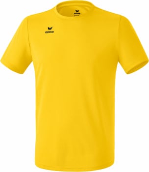 Ein gelbes T-Shirt mit kurzen Ärmeln und Erima-Logo auf der Brust.