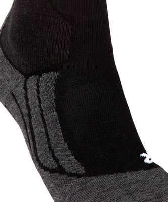 Schwarzer Socken mit grauen Streifen und weißem Logo an der Seite. Schwarzer Socken mit grauen Streifen und weißem Logo an der Seite.