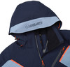 Dunkelblaue Jacke mit Kapuze und hellblauem Streifen mit Logo.