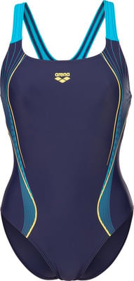 Dunkelblaue Arena-Badeanzug für Damen mit blauen und gelben Streifen und Logo. Dunkelblaue Arena-Badeanzug für Damen mit blauen und gelben Streifen und Logo.
