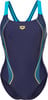 Dunkelblaue Arena-Badeanzug für Damen mit blauen und gelben Streifen und Logo.