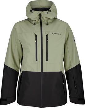 Grüne Herren-Skijacke mit schwarzen Ärmeln und Active Rebel Details.