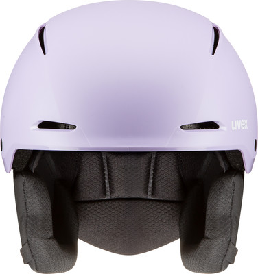 Ein lila Skihelm von Uvex mit schwarzer Polsterung und Lüftungsschlitzen. Ein lila Skihelm von Uvex mit schwarzer Polsterung und Lüftungsschlitzen.