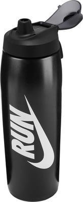 Schwarze Nike-Flasche mit RUN-Schriftzug und Logo, geöffneter Deckel.