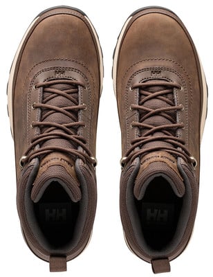 Felülnézet egy pár barna bőr bakancsról fűzőkkel és HH logóval. Felülnézet egy pár barna bőr bakancsról fűzőkkel és HH logóval.
