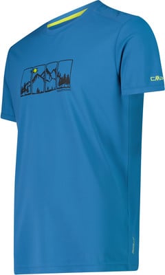 Blaues T-Shirt mit Bergmotiv und Aufschrift Mountains. Blaues T-Shirt mit Bergmotiv und Aufschrift Mountains.