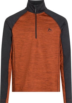 Herren-Pullover in Orange mit dunkelgrauen Ärmeln und Logo auf der Brust.