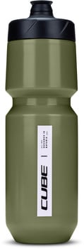Grüne Trinkflasche mit schwarzem Deckel und weißem CUBE-Aufdruck.