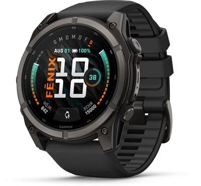 Eine schwarze Garmin Fenix Smartwatch mit dunklem Zifferblatt und schwarzem Armband. Eine schwarze Garmin Fenix Smartwatch mit dunklem Zifferblatt und schwarzem Armband.