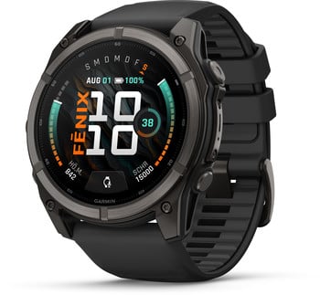 Eine schwarze Garmin Fenix Smartwatch mit dunklem Zifferblatt und schwarzem Armband.