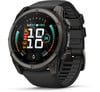 Eine schwarze Garmin Fenix Smartwatch mit dunklem Zifferblatt und schwarzem Armband.