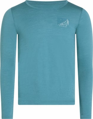 Blaues Langarmshirt mit Berg- und Baumdruck. Blaues Langarmshirt mit Berg- und Baumdruck.