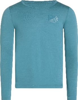 Blaues Langarmshirt mit Berg- und Baumdruck.