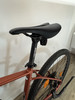 Ein rotes Fahrrad mit schwarzem Sattel und Hinterrad.