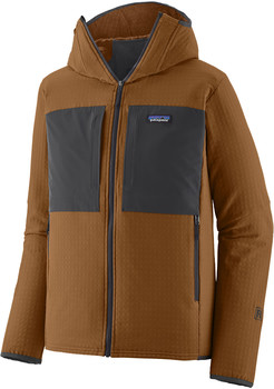 Braune Patagonia Herrenjacke mit Kapuze und dunklen Taschen.