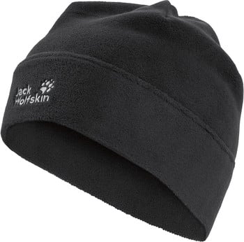 Schwarze Fleece-Mütze von Jack Wolfskin mit Logo und Pfote.