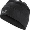 Schwarze Fleece-Mütze von Jack Wolfskin mit Logo und Pfote.
