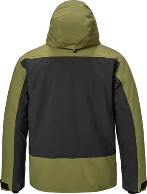Rückansicht einer grünen und schwarzen Jacke mit Kapuze und verstellbaren Bündchen. Rückansicht einer grünen und schwarzen Jacke mit Kapuze und verstellbaren Bündchen.