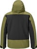 Rückansicht einer grünen und schwarzen Jacke mit Kapuze und verstellbaren Bündchen.