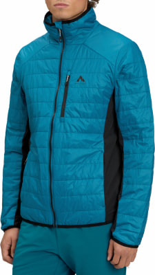 Blaue Steppjacke mit schwarzen Seitenteilen und Logo auf der Brust. Blaue Steppjacke mit schwarzen Seitenteilen und Logo auf der Brust.