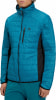 Blaue Steppjacke mit schwarzen Seitenteilen und Logo auf der Brust.