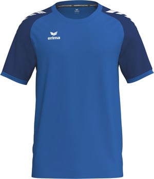 Ein blaues T-Shirt mit dunkleren Ärmeln und Erima-Logo auf der Brust.