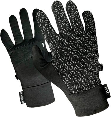 Schwarze Handschuhe mit weißem geometrischem Muster und PAC-Logo.