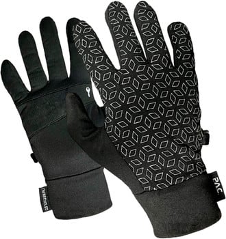 Schwarze Handschuhe mit weißem geometrischem Muster und PAC-Logo.