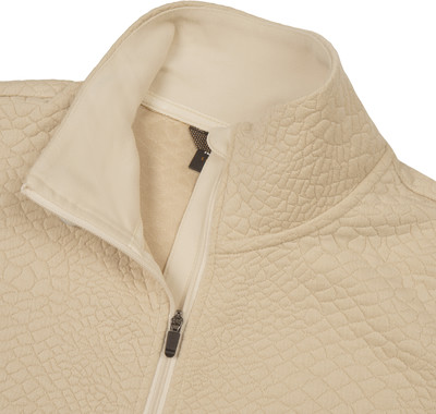 Beige Pullover mit Textur und Reißverschluss am Kragen, Nahaufnahme. Beige Pullover mit Textur und Reißverschluss am Kragen, Nahaufnahme.
